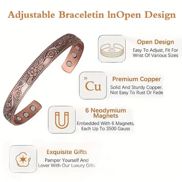 Vintage Flower Design Copper Magnetic Therapy Bracelet Arthritis Pain Bangle - Picture 4 of 5